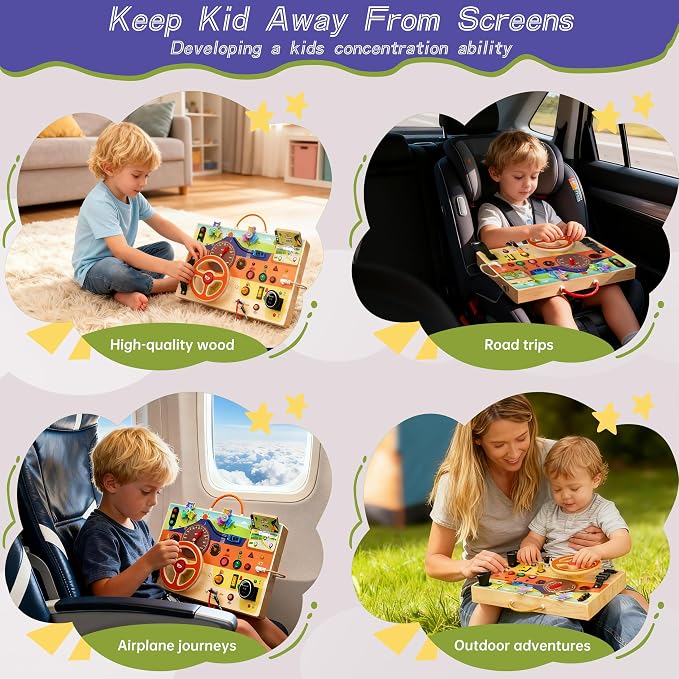 flycoost Busy Board Montessori Toys for Toddlers 1-3 with Steering Wheel | Wooden Lights Driving Activity Board Sensory Montessori Busy Board for 1+ Year Old, Toddler Learning & Travel Toy