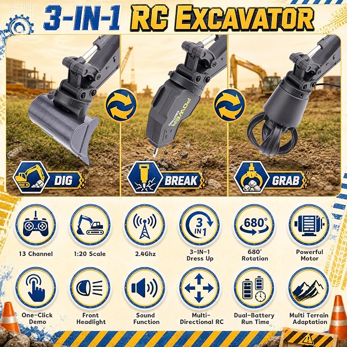 Remote Control 3-in-1 Excavator Toys, 13 Channel 1:20 RC Construction Truck | 680°Rotation, RC Car Digger Vehicles Toys, Christmas Birthday Gifts for 3 4 5 6 7 8 9 10 11 12 Year Old Boys Girls Kids