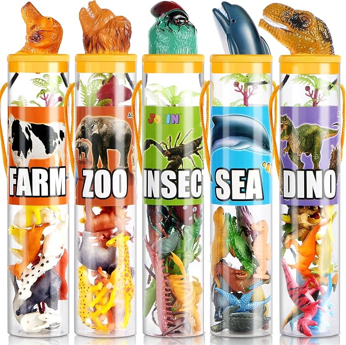 JOYIN 69 Pcs Small Animal Figures, Mini Jungle Toy Set with Sensory Bin, Realistic Wild Forest Playset, Zoo, Ocean, Farm Animals Figurines, Dinosaur Party Favors, Easter Gifts for Boys and Girls 3-5