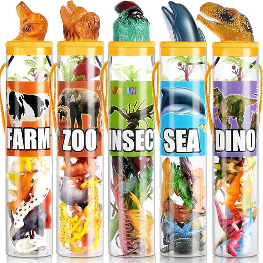 JOYIN 69 Pcs Small Animal Figures, Mini Jungle Toy Set with Sensory Bin, Realistic Wild Forest Playset, Zoo, Ocean, Farm Animals Figurines, Dinosaur Party Favors, Easter Gifts for Boys and Girls 3-5