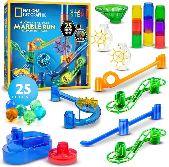 National Geographic Glow in the Dark Marble Run 25-Piece Expansion Pack | 5 Glow in the Dark Glass Marbles, 20 Construction Pieces, Marble Maze Expansion, Creative Building, STEM Physics Play