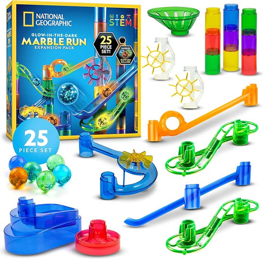 National Geographic Glow in the Dark Marble Run 25-Piece Expansion Pack | 5 Glow in the Dark Glass Marbles, 20 Construction Pieces, Marble Maze Expansion, Creative Building, STEM Physics Play