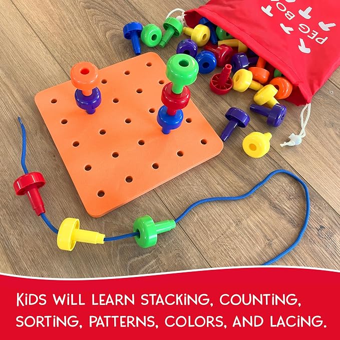 Blu Jay Foam Peg Board Toy - 36 Pegs, Foam Board, Lacing String, Storage Bag - Occupational Therapy Toys - Fine Motor Skills Toys for Toddlers and Kids (Orange)