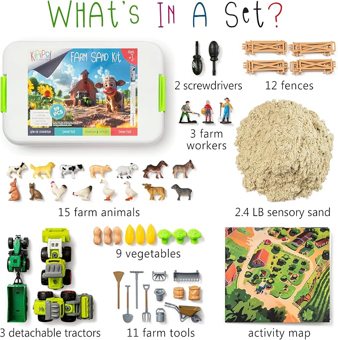 59 PCS Farm Sensory Bin - Sandbox with Lid, 2.2 LB Sensory Sand Kit for Boys, Toddler Farm Toys, 3 Take Apart Construction Trucks -Sensory Toys for Kids 5-7, 3-4 & Up- Kids Gifts for Boys and Girls