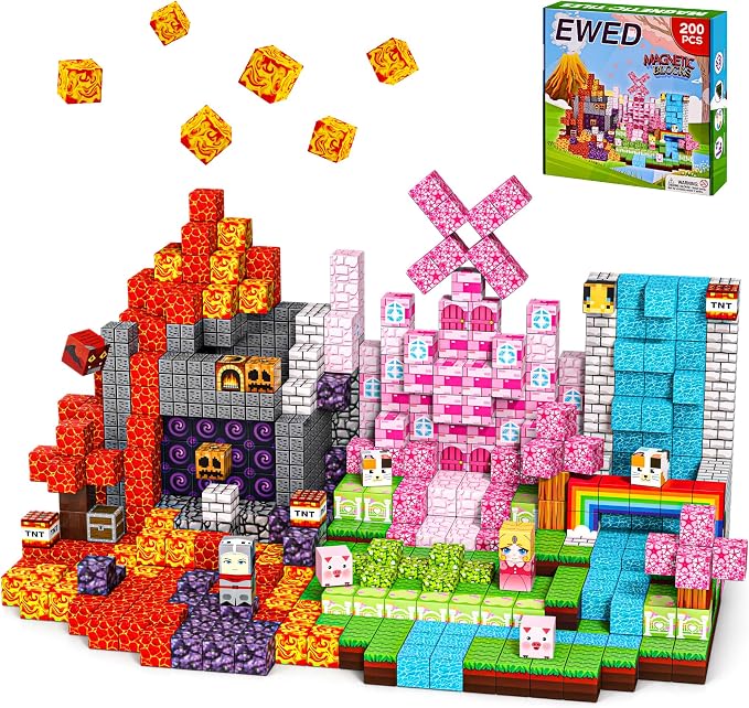 200PCS Magnetic Blocks, Magnetic Building Blocks Cubes Tiles for Kid | STEM Educational Stacking Magnets School Game Toys for Ages 3 4 5 6 7 8 9 10 11 Birthday Party Supplies Gift for Boy and Girl