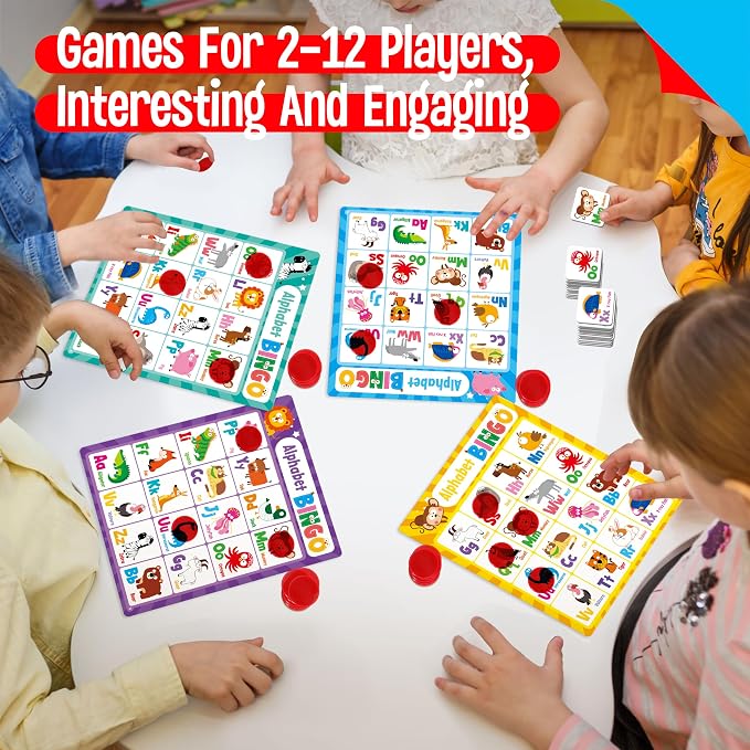 SpriteGru Alphabet Bingo Game, Uppercase/Lowercase/Number Bingo Game ABC and 123 Bingo Board Game for Kindergarten and Preschool Kids 4+, Perfect for Classroom & At Home