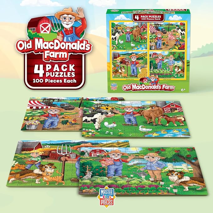 MasterPieces – Jigsaw Puzzle Set for Kids 6+ Years, 4-Pack of 100 Pieces, Educational and Fun Game, Old Macdonald’s Farm Collection, Gift Idea for Children, 8" x 10"