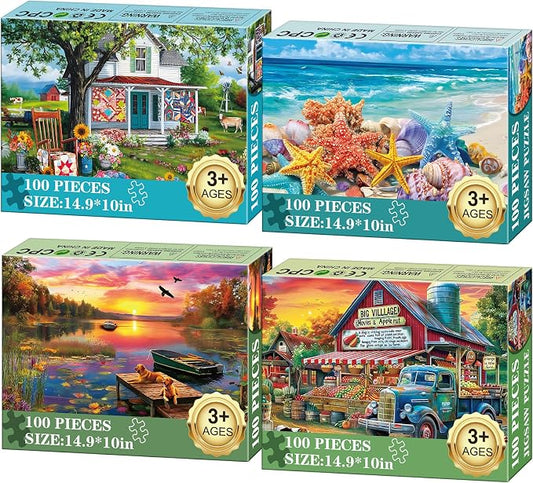 4-Pack 100 Piece Puzzles for Kids Ages 6-8 8-10 - Large Piece Puzzles for Dementia Seniors - Farm Countryside Jigsaw Puzzles for Adults & Kids Ages 4-6, Learning Educational Toys Gifts for Boys Girls