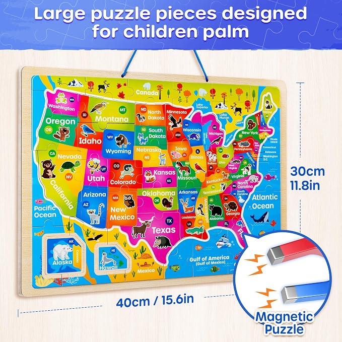 SYNARRY Large USA World Solar System Wooden Magnetic Puzzles for Kids Ages 4-6, Wood Puzzles Educational Games Toys Easter Gifts for Toddlers, United States World Space Map for Boys Girls Ages 3-5 4-8