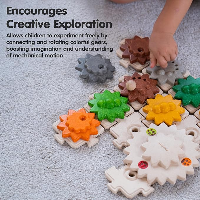 PlanToys® Wooden Gears & Puzzles Set Montessori STEM Kids Educational Toy | rotating parts, cause and effect toys, construction toys, girls, boys, logical thinking fine motor learning gift set fun