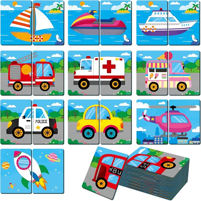 SpriteGru Vehicle Memory Game, 28 Chunky Cards Transportation Theme Head Tail Matching Game 1-5 Players Land/Water/Air Vehicles Memory Matching Game for Preschoolers, Toddlers, Kids