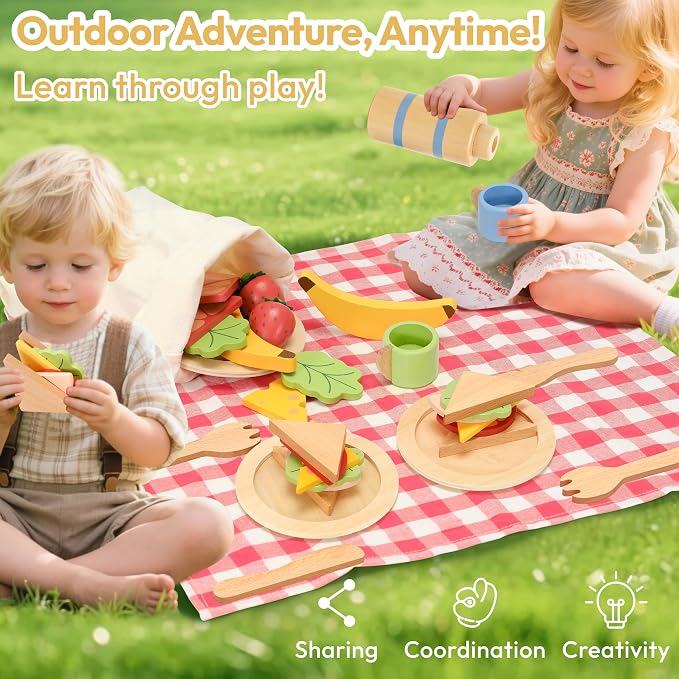 Pillowhale Wooden Play Food Set for Kids, 32-Piece Pretend Picnic Toy with Sandwiches, Fruits, Cups & Plates, Canvas Bag & Mat, Toddler Role Play Toys Ages 3+