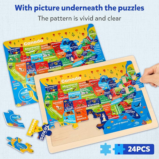 SYNARRY Large USA Map, World Map & Solar System Wooden Puzzles Ages 4-6 | Puzzles for Kids Ages 3-5, Birthday Gifts for Boys & Girls, Educational Geography & STEM Toys, Screen-Free Play