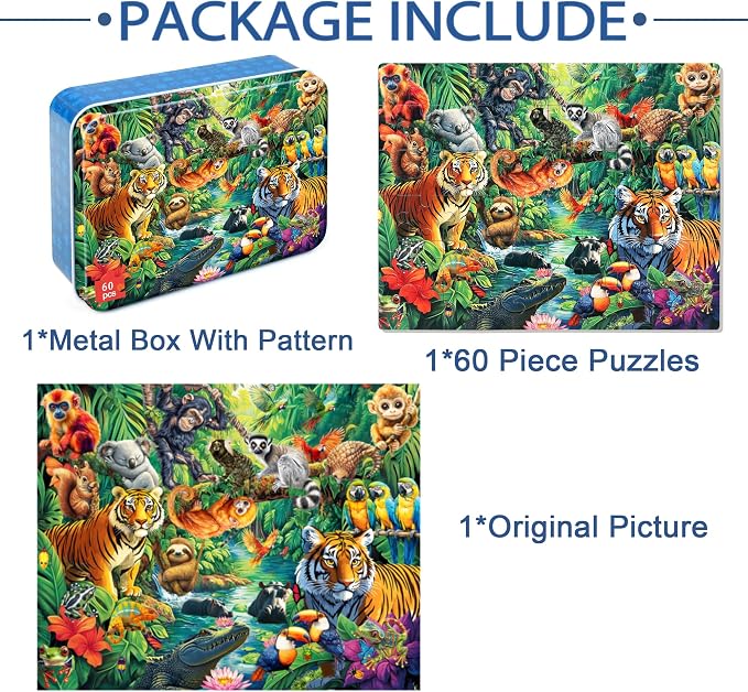 LELEMON Puzzles for Kids Ages 4-6, 60 Piece Puzzles for Kids in Metal Box | Jungle Puzzle Educational Kids Puzzles,Jigsaw Puzzles for Kids Ages 3-5,Childrens Puzzle Games Puzzle Toys for Girls and Boys