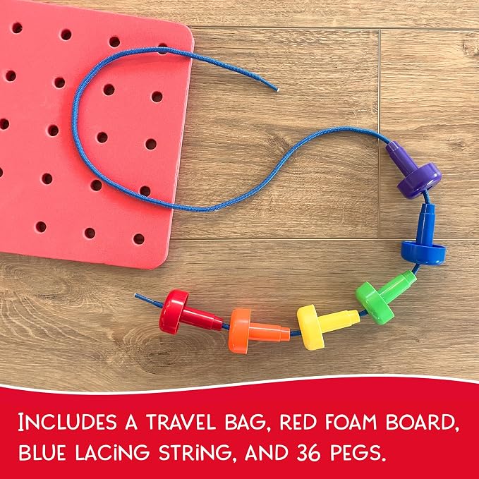 Blu Jay Foam Peg Board Toy - 36 Pegs, Foam Board, Lacing String, Storage Bag - Occupational Therapy Toys - Fine Motor Skills Toys for Toddlers and Kids (Red)