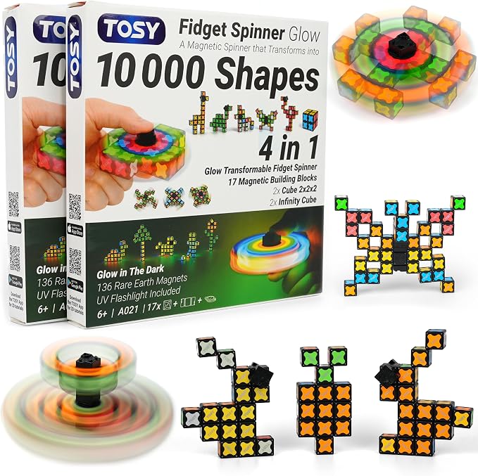 TOSY Magnet Fidget Spinner Glow - 16 Blocks, 3 in 1 Toy: Transformable Fidget Spinner, Infinity Cube, 2x2 Puzzle Cube, Glow, STEM/STEAM Magnet Tiles Birthday Gift for Kids/Boys/Girls/Adults, 2-Pack