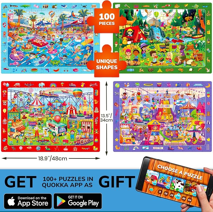 QUOKKA 100 Piece Puzzles for Kids Ages 4-6 – 4xSET Search and Find Kids Puzzles Ages 5-8 – Artist-Crafted Illustrations, Hidden Objects, Unique Jigsaw Shapes, Educational Activity for Learning & Play