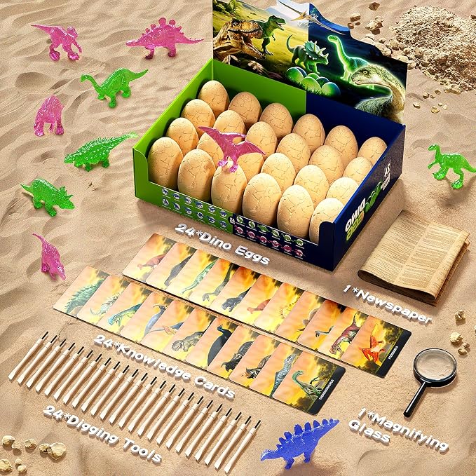 24 Glow in The Dark Dinosaur Eggs, Excavation Kit with Magnifier | Dig Kit Toys for Kids, Easter Basket Stuffers, Science STEM Party Favor Gifts for Boys Girls Age 3 4 5 6 7 8 9 10 + Years Old