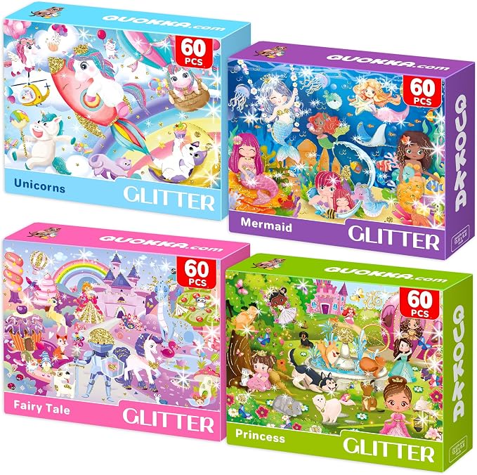 60 Piece Puzzles for Kids Ages 4-6 - 4 Glitter Toddler Puzzles Ages 3-5 | Unicorn, Princess and Animals Jigsaw Puzzles for Children Ages 6-8 - Gift Educational Game for Boys and Girls