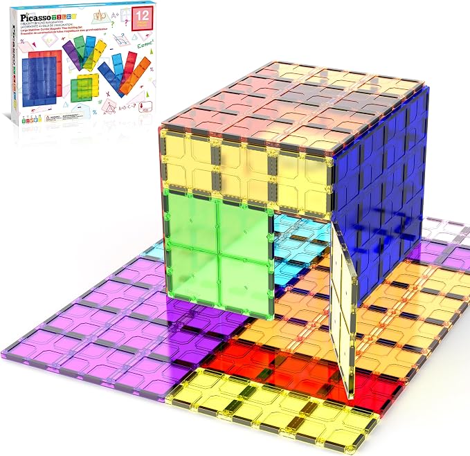 PicassoTiles 12 Piece Magnetic Tile Base Plate Set, Jumbo Stabilizer Boards | Large format design, no assembly needed, STEM building toy for ages 3+, one-piece foundation, toddler friendly