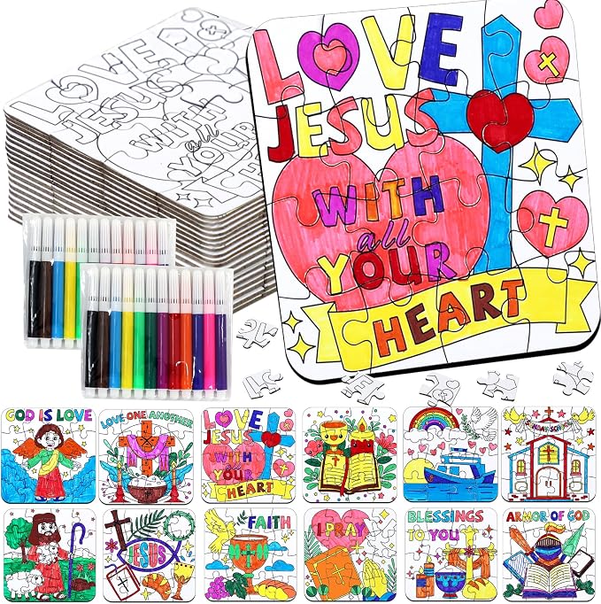 24 Sets Christian Sunday School Crafts for Kids Bulk, Religious VBS Craft Puzzle Activities Bible Jesus Loves DIY Arts Jigsaw for Classroom gifts, Back to School Party Favors, Coloring Games Supplies
