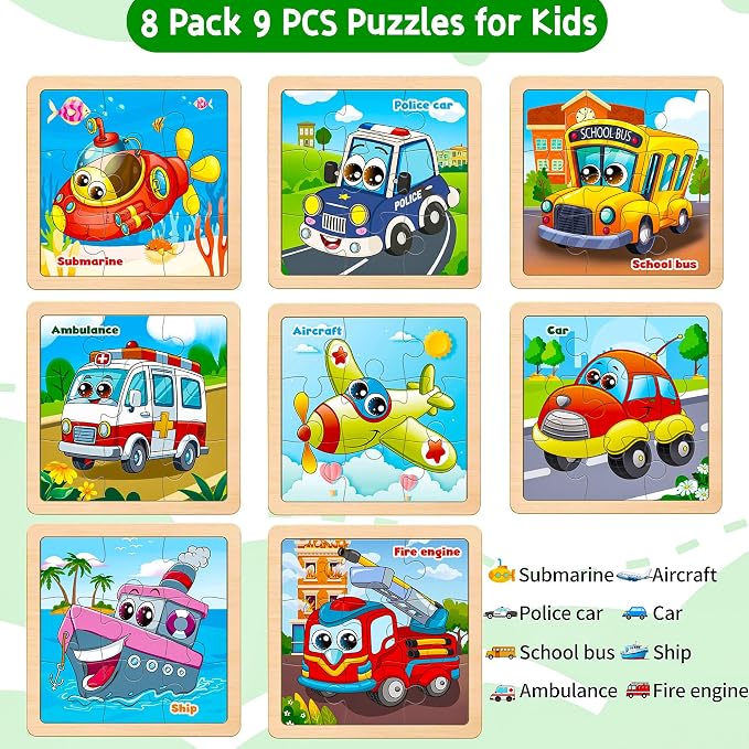 Wooden Vehicle Puzzles for Toddlers, 8 Pack 9 PCS Jigsaw Puzzles for Kids | Wooden Puzzles for Toddlers 3-5, Vehicle Puzzles for Kids 3-5, Preschool Puzzles Learning Educational Sets Toys