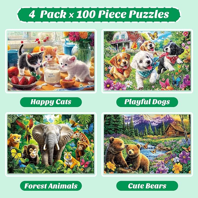 4-Pack 100 Piece Puzzles for Kids Ages 6-8 8-10 - Large Piece Puzzles for Adults Seniors Kids, Dogs Cats Bears Animals Jigsaw Puzzles for Kids Ages 4-6,Learning Educational Toys Gifts for Boys Girls