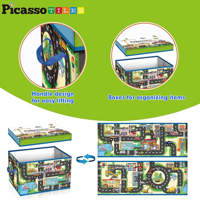 PicassoTiles Magnet Tile Toy Organizer Foldable City Theme Storage Bin Box with Lid and Handles Magnetic Tiles Building Blocks STEM Educational Pretend Play Playroom Toys Toddler Kids Ages 3 Up PTA33