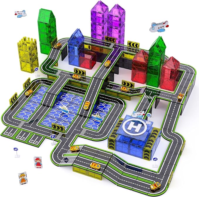 Magnetic Tiles,121PCS Magnet Tiles Road Set with Pullback Cars for 3+ year old Boys,Magnetic Toys for Kids Ages 4-8 with Ship,Airplane,Traffic Sign,STEM Classroom Educational Birthday Gifts Toys