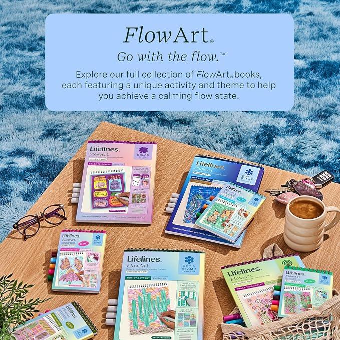 Lifelines FlowArt Mini Activity Pads, 6-Pack, Dot-by-Letter Coloring Books | 30 Markers & 120 Scenes - Guided Art Meditations for Tweens, Adults & Seniors - Dot-by-Letter - Patent-Pending