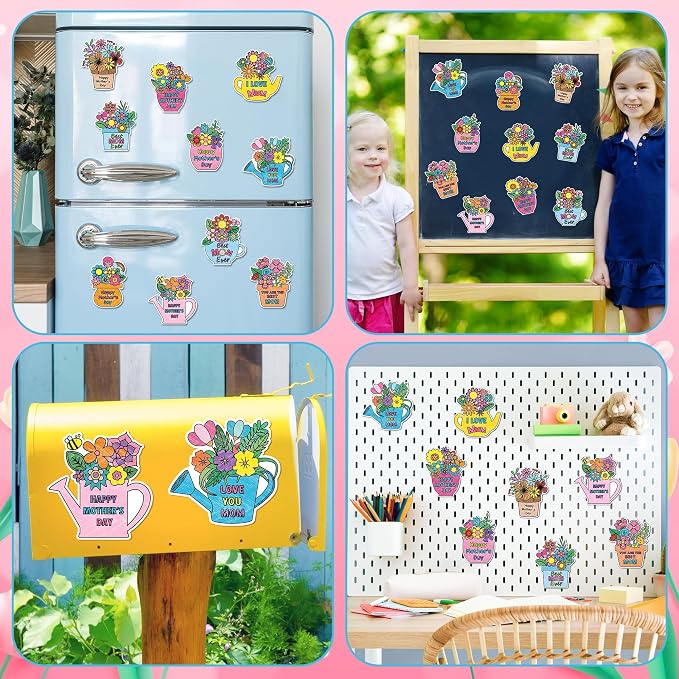 Mother's Day Coloring Craft Kit - 30Pcs Happy Mother’s Day Color Your Own Magnets for Kid Best Mom Ever Blank Flower DIY Coloring Magnets for Fridge Decor Classroom DIY Activity Party Favor