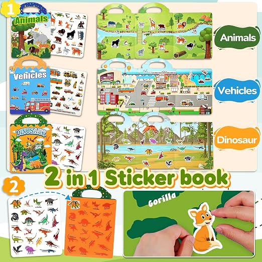 3PC Reusable Sticker Book for Toddler 3-5 Year Old, Travel Activity for Kid | Jelly Reuseable Stickers Roadtrip Airplane Car Ride Toys Preschool Classroom Activities for 3 4 5 6 Years Old Girls Boys Gift