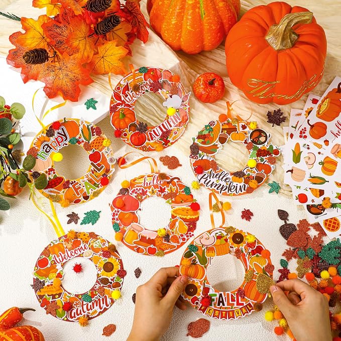 Hollowfly 48 Sets Fall Wreath Craft Kits, DIY Paper Crafts with Stickers | Thanksgiving Party Decor, Autumn Hanging Ornaments, Back to School Activities for Kids, Classroom Projects with Stickers