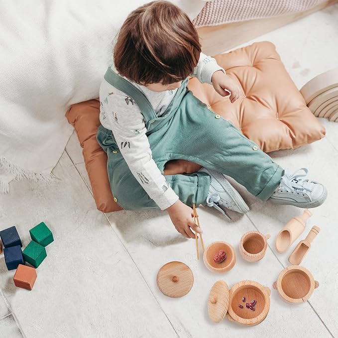 Hiceeden Set of 11 Wooden Sensory Bin Tools for Kids, Sensory Scoops and Tongs Toys with Bag, Waldorf Montessori Toys for Fine Motor Skill Learning