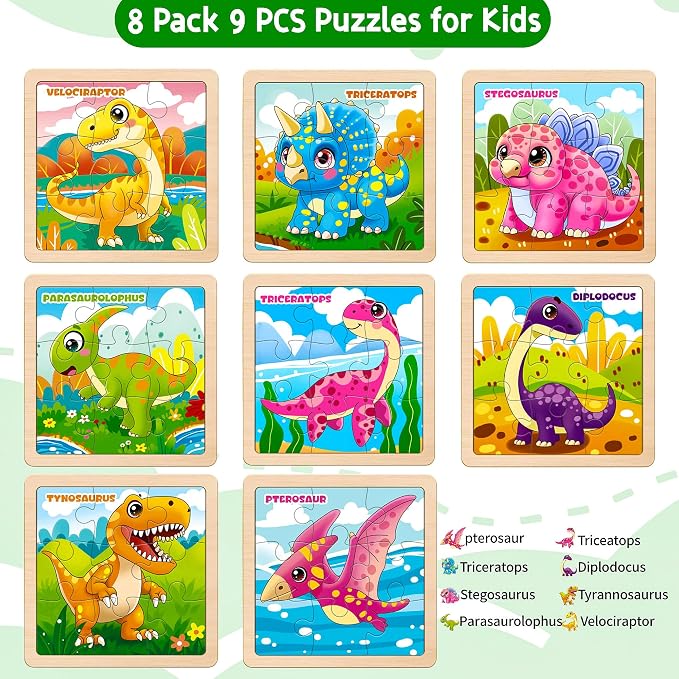 Wooden Dinosaur Puzzles for Toddlers, 8 Pack 9 PCS Jigsaw Puzzles for Kids | Wooden Puzzles for Toddlers 3-5, Dinosaur Toys for Kids 3-5, Preschool Puzzles Learning Educational Sets Toys