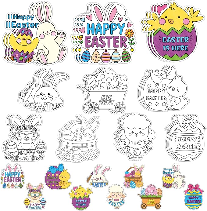 Easter Cartoon Coloring Arts Crafts Kit - 30Pcs Cartoon Color Your Own Magnets for Kids Egg Bunny Sheep Chicken Blank DIY Coloring Magnet for Easter Birthday Party Spring Holiday Favor Basket Supplies