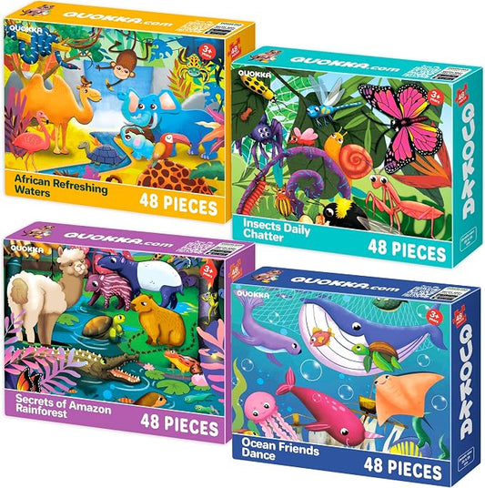 48 Piece Puzzles for Kids Ages 4-6 - 4 Jigsaw Kids Puzzles Ages 3-5 | Learning Insects, African, Amazon, Ocean Animals Puzzle - Jigsaw Game 4-8 Year Old - Educational Toys for Toddlers