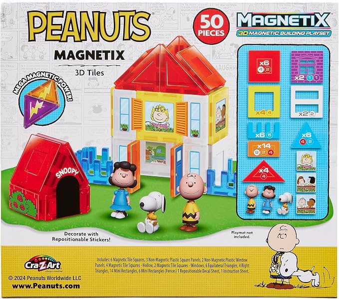 Cra-Z-Art Magnetix 3D Peanuts Charlie Brown and Friends Magnetic Building Tile Playset, Educational, STEM Toys for Ages 3+, 50 Pieces