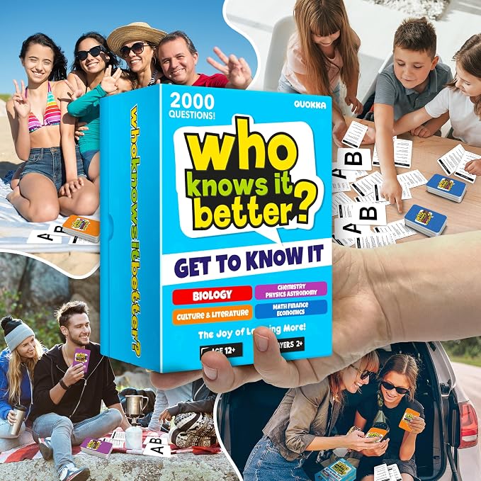 Card Games for Kids 8-12 - Set of 4 Board Family Games for Kids and Adults | Trivia Cards for Family Game Night - Who Knows It Better 2000+ Questions Across Biology, Culture, STEM and Math