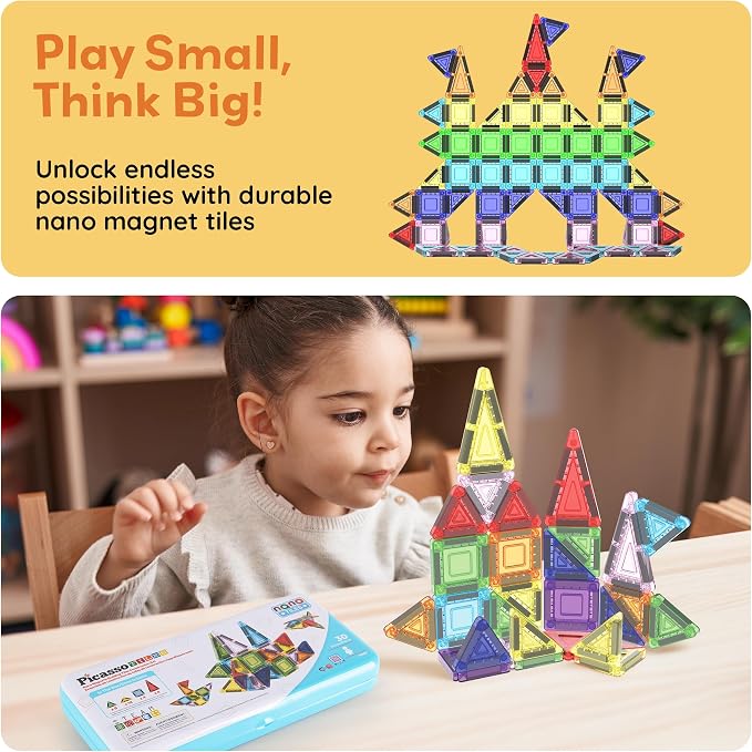 PicassoTiles Magnetic Tiles 30pc Nano Building Construction Set Compact Mini Travel Magnet Tile Playset with Tin Storage Case STEM Educational Learning School Brain Toy Blocks Boys Girls Ages 3+ PN09