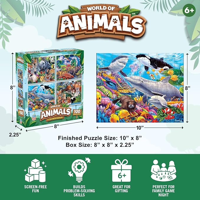 MasterPieces Jigsaw Puzzle Set for Kids, 4-Pack of 100 Piece Puzzles, Educational Animal Theme, Fun Game, Gift Idea, 8" x 10"