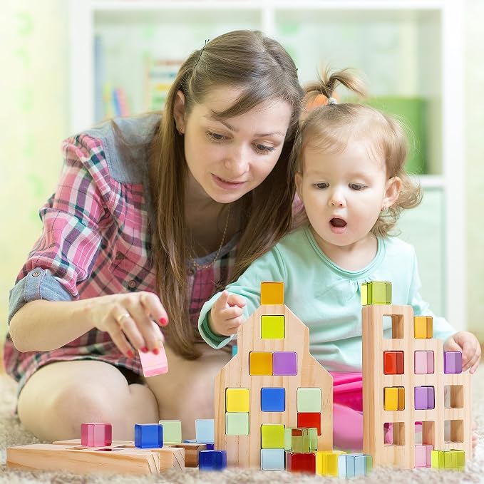 Woodtoe 36 PCS Rainbow Acrylic Gem Blocks, Wooden Blocks for Kids Ages 3-6 | Montessori Stacking Toy, Educational STEM Activity, Creative Construction Play, Includes 3 Wood House, Gift for Boys Girls