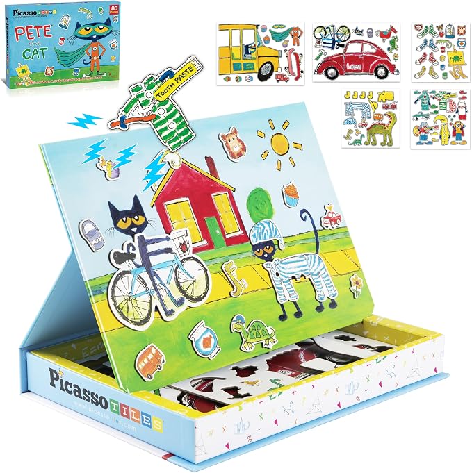 PicassoTiles Pete The Cat 80pc Magnetic Board Game Puzzle Playset Reusable Mix & Match Cartoon Toy with Storytelling, STEM Learning Activity Book and Storage Educational Kids Toys for Ages 3+ PTC02