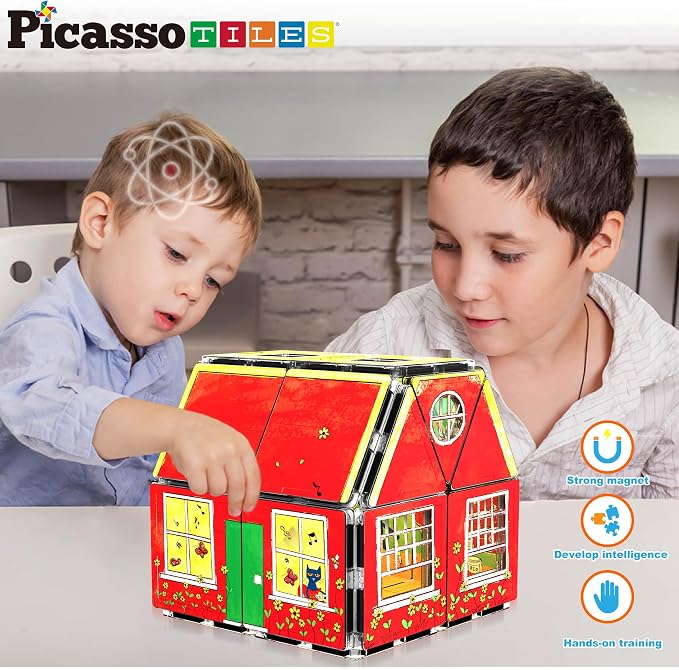PicassoTiles Magnetic Tiles Pete the Cat Home Theme Building Blocks Double Sided Printing Toddler Magnet Toys Education STEM Learning Kit Construction Brain Development Preschool Kid Game Boy Girl 3+
