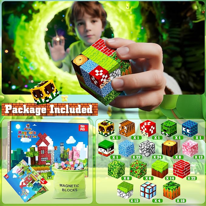 Magnetic Blocks Toys for Kids Age 3+, Forest World, 150PCS | Magnetic Building Cube, Construction Toys for Boys & Girls Age 3-4 5 6 7 8-12, Sensory Tiles Building Gift for Birthday