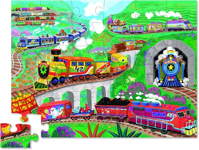Crocodile Creek 36-Piece Jigsaw Floor Puzzle - Fun Floor Puzzles for Kids Ages 3-5 - Heavy-Duty Shaped Box for Storage - All Aboard - 24" W x 18" H Finished