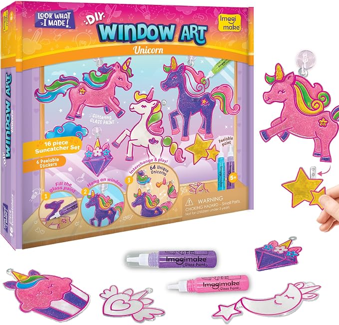Imagimake Window Art - Unicorn, DIY Mess-Free 16 Pieces Suncatcher Kit | Stained Glass Painting Craft Activity for Kids, Birthday Gift for Girls Ages 5,6,7,8,9,10,12 Years Old