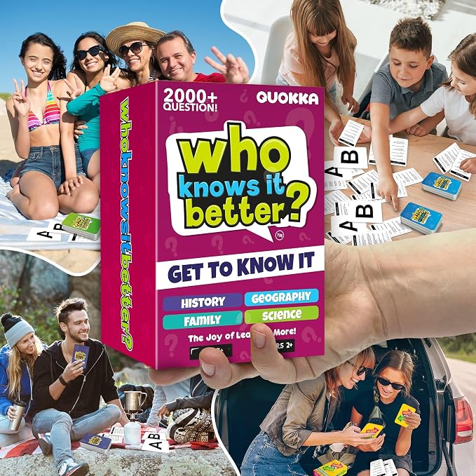 Card Games for Kids 8-12 - Set of 4 Board Family Games for Kids and Adults | Trivia Cards for Family Game Night - Who Knows It Better 2000+ Questions History, Geography, Science - Fun Card Game