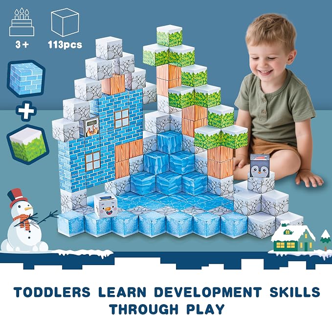 113PCS 1'' Magnetic Blocks, Magnetic Building Cube Toys for Kids, STEM Montessori Stacking, Sensory Education Toys for Toddlers Building World Set, Christmas Birthday Gifts for Kids Age 3 4 5 6 7 8+