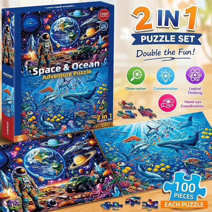 2-Pack Puzzles for Kids Ages 4-6, 100-Piece Puzzles for Kids Ages 6-8 – Space & Ocean, Educational Puzzles for Boys and Girls, Ages 3+(Space & Ocean) | 2-in-1 Space & Ocean Puzzle Set | Educational Puzzles for Ages 6-8, Age-Appropriate Learning Toys, A...